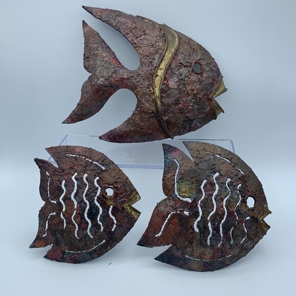 Set of 3 Vintage Metal Wall Hanging Fish Sculptures - Nautical Decor Handcrafted - Picture 1 of 8